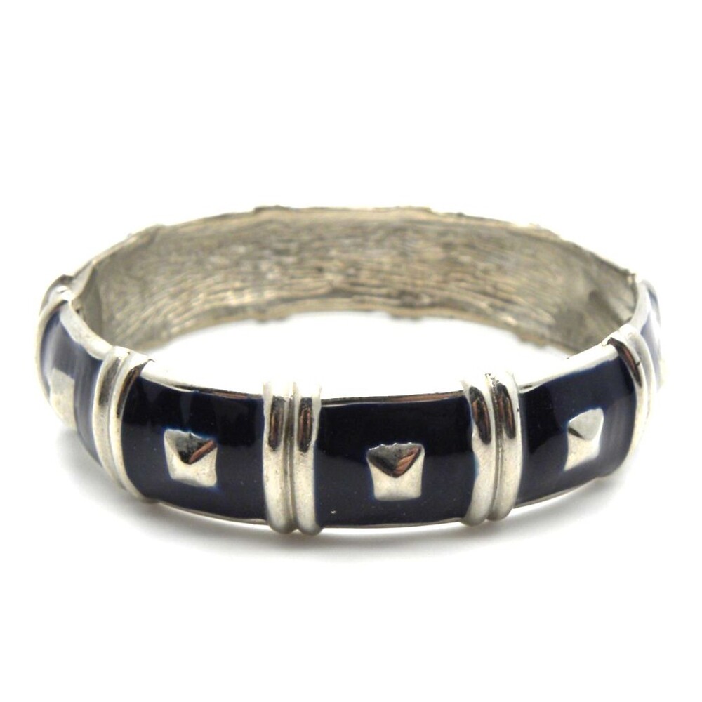 Vintage Hinged Bangle Bracelet Blue Enamel Silver Tone Studded Gothic Punk